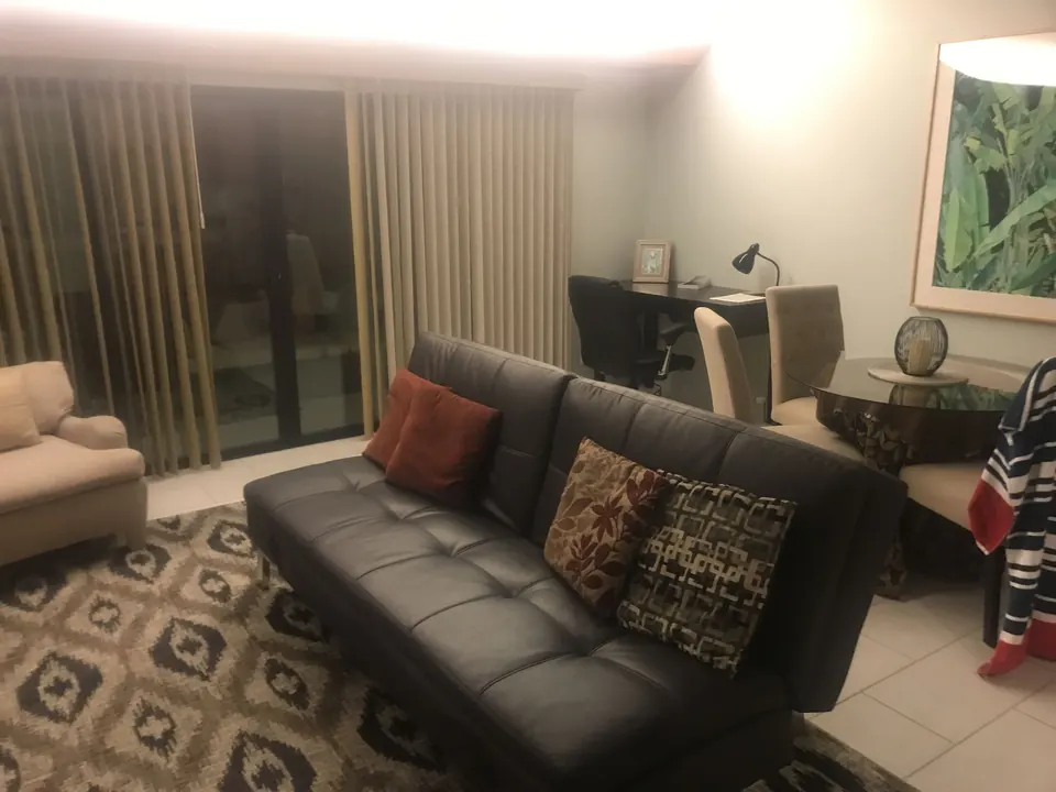Black futon assembled in a living room